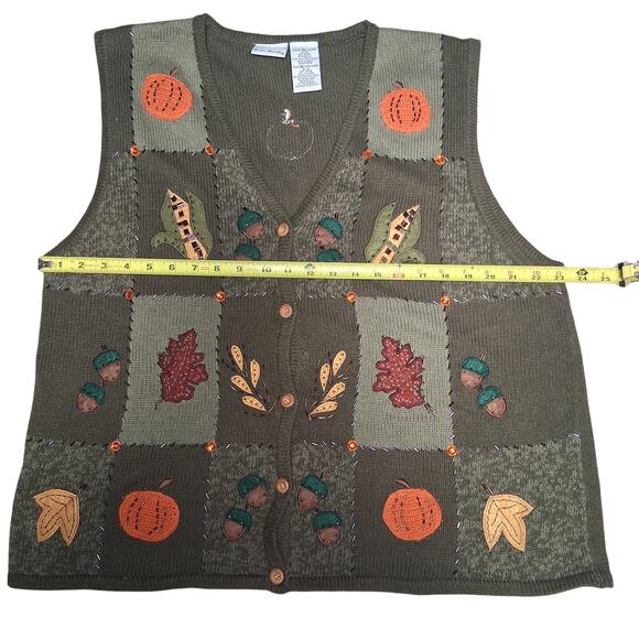 Bobbie Brooks Fall Themed Knit Vest Crochet Pumpkins Beading Green Knit Autumn - Picture 11 of 12